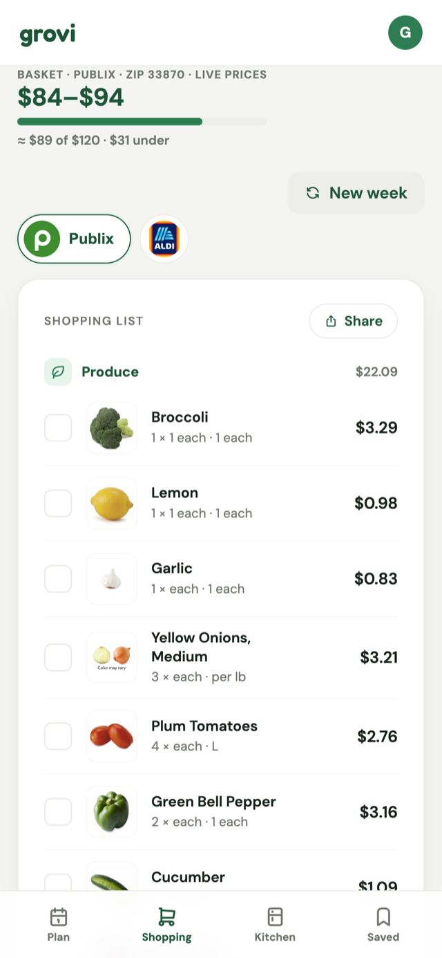 Grovi priced shopping list